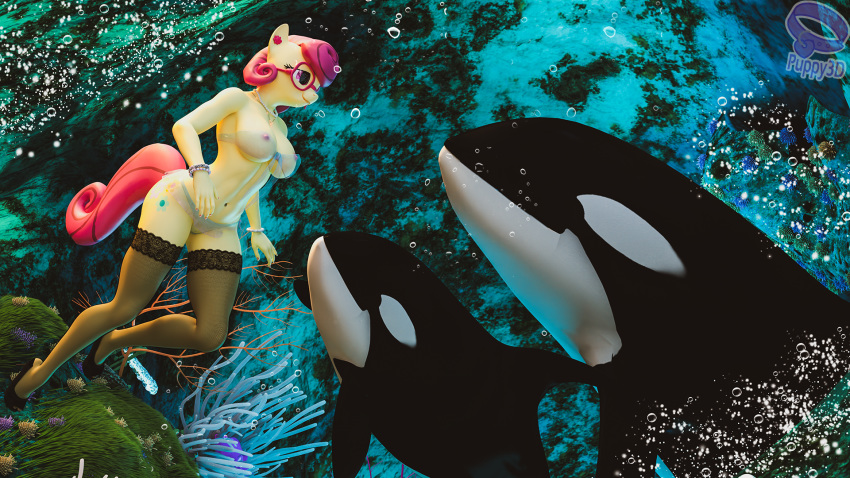 16:9 3d_(artwork) ambiguous_gender anthro big_breasts bra breasts cetacean clothed clothing delphinoid digital_media_(artwork) equid equine eyewear female feral friendship_is_magic glasses hasbro hi_res legwear mammal marine mature_female mrs._shy_(mlp) my_little_pony nipples oceanic_dolphin orca panties puppy3d thigh_highs toothed_whale translucent translucent_clothing underwater underwear water widescreen