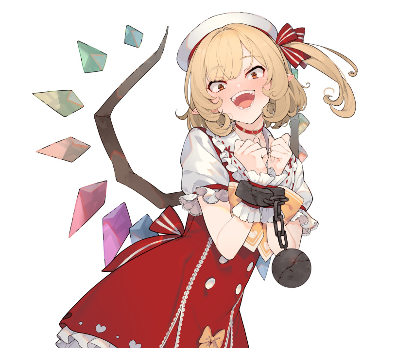 1girl adapted_costume ball_and_chain_restraint blonde_hair bound bound_wrists choker cuffs dress eho_(icbm) fangs flandre_scarlet hat head_tilt highres looking_at_viewer medium_hair open_mouth orange_eyes pointy_ears red_choker red_dress ribbon_trim shirt short_sleeves side_ponytail simple_background sleeveless sleeveless_dress smile solo touhou white_background white_headwear white_shirt wings wrist_cuffs