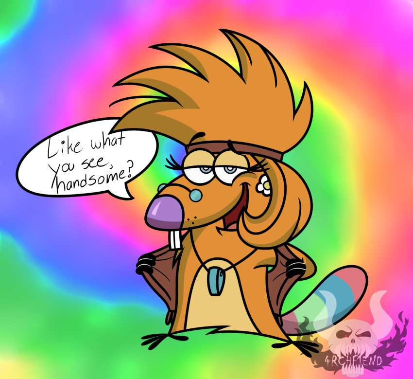 4rchf1end anthro beaver blue_eyes brown_body brown_fur clothing ear_piercing ear_ring english_text eyelashes eyewear female flashing flat_chested fur glasses hair hi_res hippie humor jewelry long_hair looking_at_viewer mammal mature_female multicolored_tail nickelodeon piercing plantigrade presenting rainbow_background rodent signature simple_background solo speech_bubble text the_angry_beavers toony treeflower watermark whistle_(object)