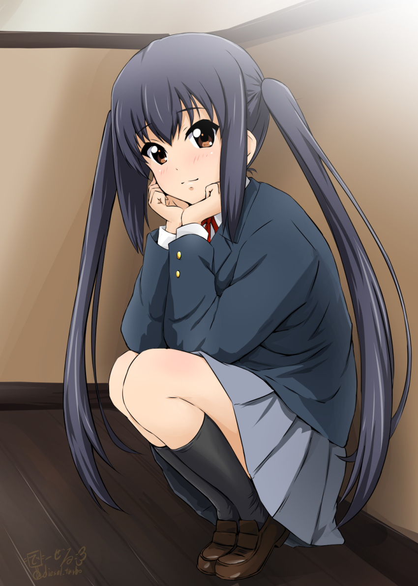 1girl black_hair black_legwear blazer brown_eyes chin_rest diesel-turbo highres jacket k-on! long_hair looking_at_viewer looking_to_the_side nakano_azusa pleated_skirt sakuragaoka_high_school_uniform school_uniform shoes signature skirt smile socks solo squatting twintails uwabaki wooden_floor