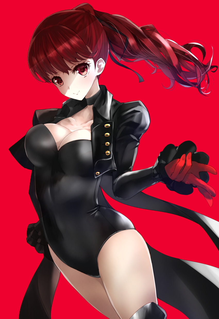 1girl arm_up black_coat black_legwear black_leotard boots breasts brown_eyes brown_hair choker cleavage coat coattails gloves highres leotard long_hair persona persona_5 persona_5_the_royal ponytail red_background red_gloves ribbon rikudou_inuhiko simple_background smile solo thigh_boots thighhighs thighs upper_body yoshizawa_kasumi