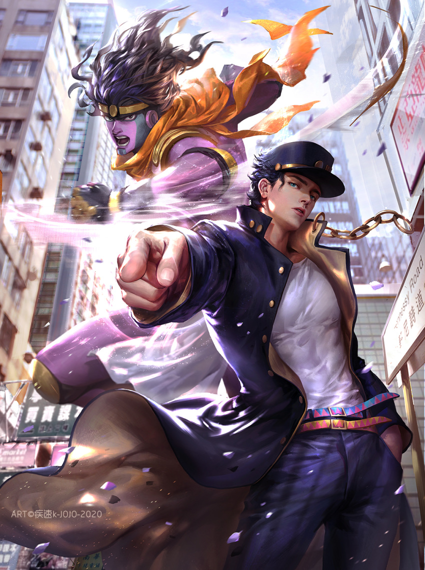 2boys belt black_eyes black_hair blue_hair cdash817 chain fabulous fighting_stance gakuran green_eyes hat highres jojo_no_kimyou_na_bouken kuujou_joutarou long_coat male_focus multiple_boys pants pointing pointing_at_viewer school_uniform stand_(jojo) star_platinum