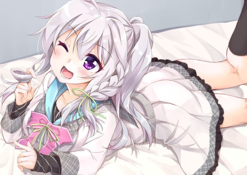 1girl 9_-nine-_kokonotsu_kokonoka_kokonoiro bangs blush bow braid breasts eyebrows_visible_through_hair green_bow long_hair looking_at_viewer lying medium_breasts niimi_sora on_stomach one_eye_closed open_mouth oruto_(ort+) pink_bow purple_eyes silver_hair solo