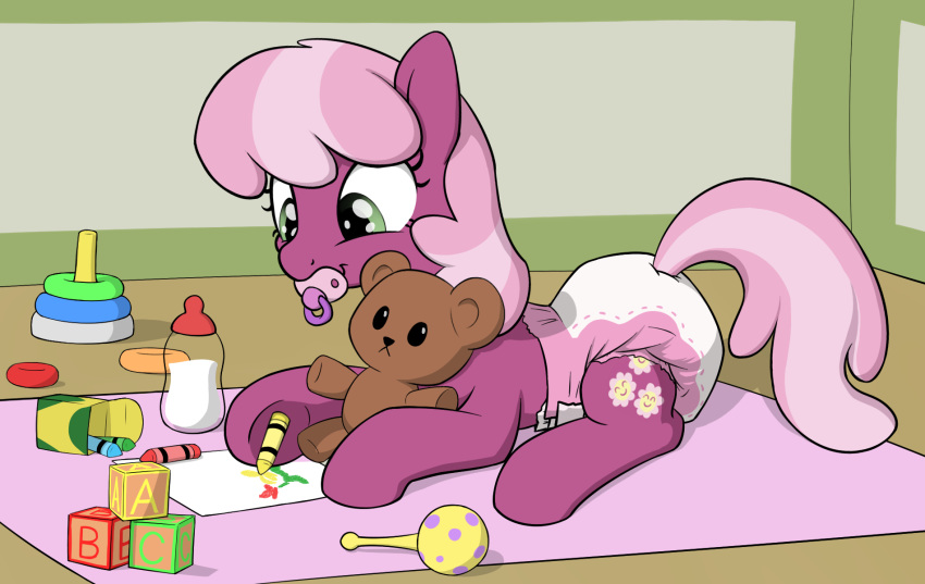 cheerilee_(mlp) clothed clothed_feral clothing crayons cutie_mark diaper drawing equid equine eyelashes female feral friendship_is_magic furgonomics green_eyes hair hasbro hi_res horse lying mammal mane multicolored_hair multicolored_mane my_little_pony plushie rattler sippie_cup skitterpone solo toy two_tone_hair two_tone_mane two_tone_tail