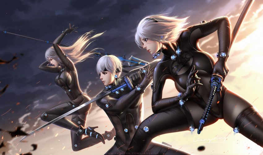 1boy 2girls arms_up black_bodysuit black_hairband blue_eyes bodysuit boots breasts cleavage_cutout fighting_stance gantz gantz_suit gloves hairband headband high_heels highres holding holding_lance holding_sword holding_weapon katana large_breasts latex_bodysuit liang_xing lips long_hair mole mole_under_mouth multiple_girls nier_(series) nier_automata no_blindfold open_mouth outdoors profile short_hair silver_hair skin_tight sword thigh_boots thighhighs weapon yorha_no._2_type_b yorha_no._9_type_s yorha_type_a_no._2