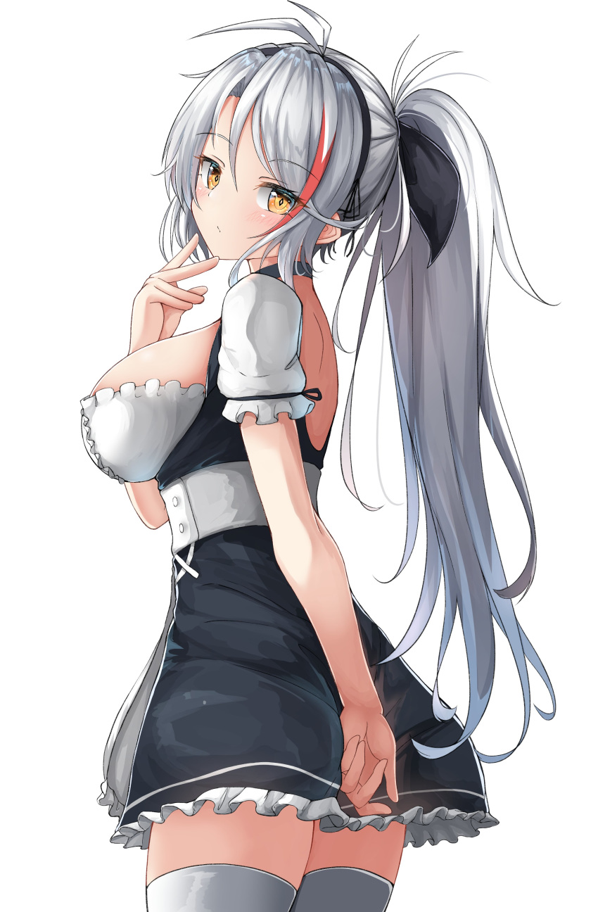 1girl absurdres antenna_hair azur_lane bangs black_dress blush breasts brown_eyes closed_mouth commentary_request covering covering_ass dress eyebrows_visible_through_hair frilled_dress frills hair_between_eyes hand_up highres large_breasts long_hair looking_at_viewer looking_to_the_side moyoron multicolored_hair parted_bangs ponytail prinz_eugen_(azur_lane) puffy_short_sleeves puffy_sleeves red_hair short_sleeves simple_background solo streaked_hair thighhighs very_long_hair white_background white_hair white_legwear