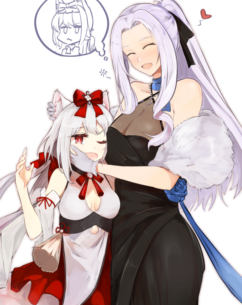 2girls ^_^ animal_ear_fluff animal_ears arm_ribbon azur_lane bangs bare_shoulders black_dress black_ribbon blush bow breasts cat_ears cleavage closed_eyes collarbone commentary_request cowboy_shot detached_sleeves dress dress_flower drunk eyebrows_visible_through_hair feather_boa gloves hair_between_eyes hair_bow hair_ribbon halter_dress hammann_(azur_lane) head_hug heart highres jewelry large_breasts long_hair marshall_k medium_breasts multiple_girls neck_ribbon necklace one_eye_closed open_mouth parted_bangs ponytail red_bow red_eyes ribbon sidelocks silver_hair simple_background sleeveless sleeveless_dress smile standing tassel thought_bubble twintails very_long_hair white_background white_dress white_gloves wide_sleeves yorktown_(azur_lane) yorktown_(evening_i_can't_remember)_(azur_lane) yukikaze_(azur_lane) yukikaze_(winter's_snowy_wind)_(azur_lane) |d