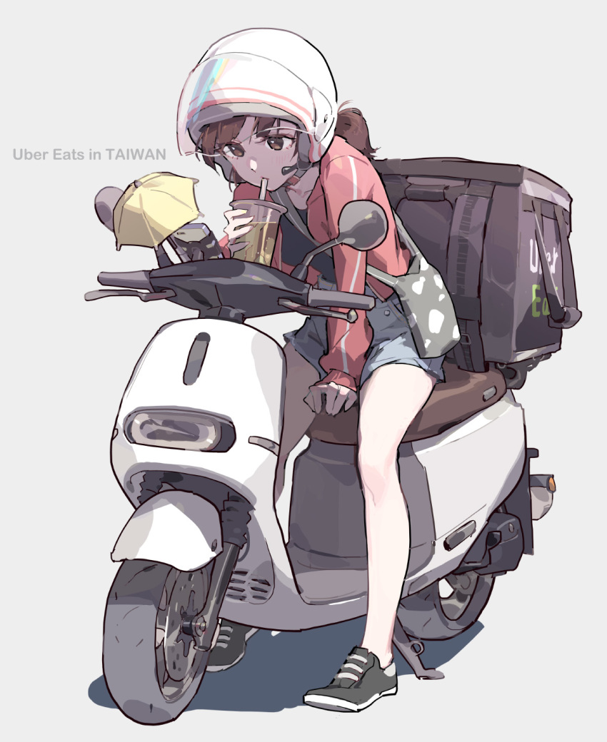 1girl backpack bag black_footwear black_shirt blue_shorts brown_eyes brown_hair cellphone drinking english_text full_body green_bag grey_background ground_vehicle helmet highres jacket looking_at_phone motor_vehicle motorcycle motorcycle_helmet original phone pink_jacket ponytail scooter shirt shoes shorts simple_background smartphone sneakers solo taiwan tennohi uber_eats vehicle_focus