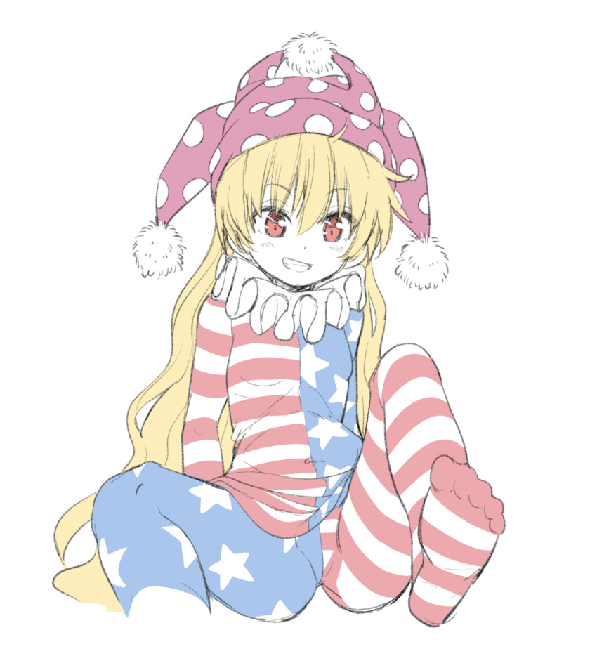 1girl american_flag_dress american_flag_legwear blonde_hair clownpiece grin hat jester_cap long_hair long_sleeves neck_ruff nibi no_wings pantyhose polka_dot purple_headwear red_eyes simple_background sitting smile solo striped touhou very_long_hair white_background