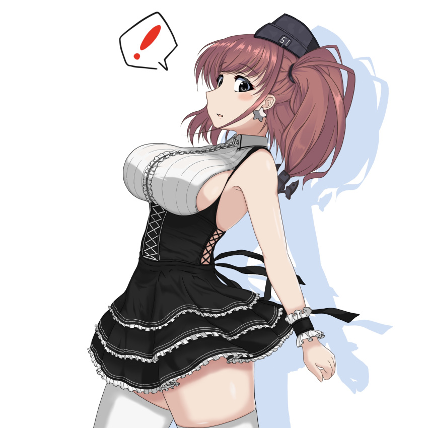 ! 1girl adapted_costume anchor_hair_ornament arched_back atlanta_(kantai_collection) black_dress black_headwear breasts brown_hair commentary_request cowboy_shot dress earrings frilled_dress frills garrison_cap grey_eyes hair_ornament hat highres jewelry kantai_collection kinakomochi_(testament05) large_breasts long_hair shirt simple_background skirt sleeveless sleeveless_shirt solo spoken_exclamation_mark star_(symbol) star_earrings striped striped_skirt thighhighs two_side_up white_background white_legwear white_shirt wrist_cuffs