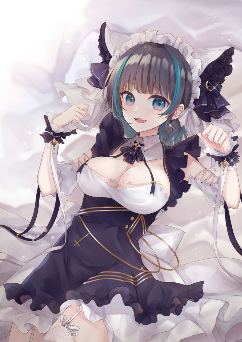 1girl :d animal_ears aqua_eyes aqua_hair azur_lane back_bow bangs bed_sheet black_hair blunt_bangs blush bow breasts cheshire_(azur_lane) cleavage commentary_request cowboy_shot detached_collar detached_sleeves dress earrings eyebrows_visible_through_hair fang frilled_dress frilled_hairband frilled_headband frilled_ribbon frills garter_straps glint hair_intakes hairband highres jewelry large_breasts long_ribbon looking_at_viewer lying maid_dress maid_headdress multicolored_hair neck_ribbon on_back open_mouth ougi_(u_to4410) paw_pose puffy_detached_sleeves puffy_sleeves purple_apron purple_ribbon ribbon sidelocks skin_fang sleeveless sleeveless_dress smile solo streaked_hair thighhighs white_legwear wrist_cuffs zettai_ryouiki
