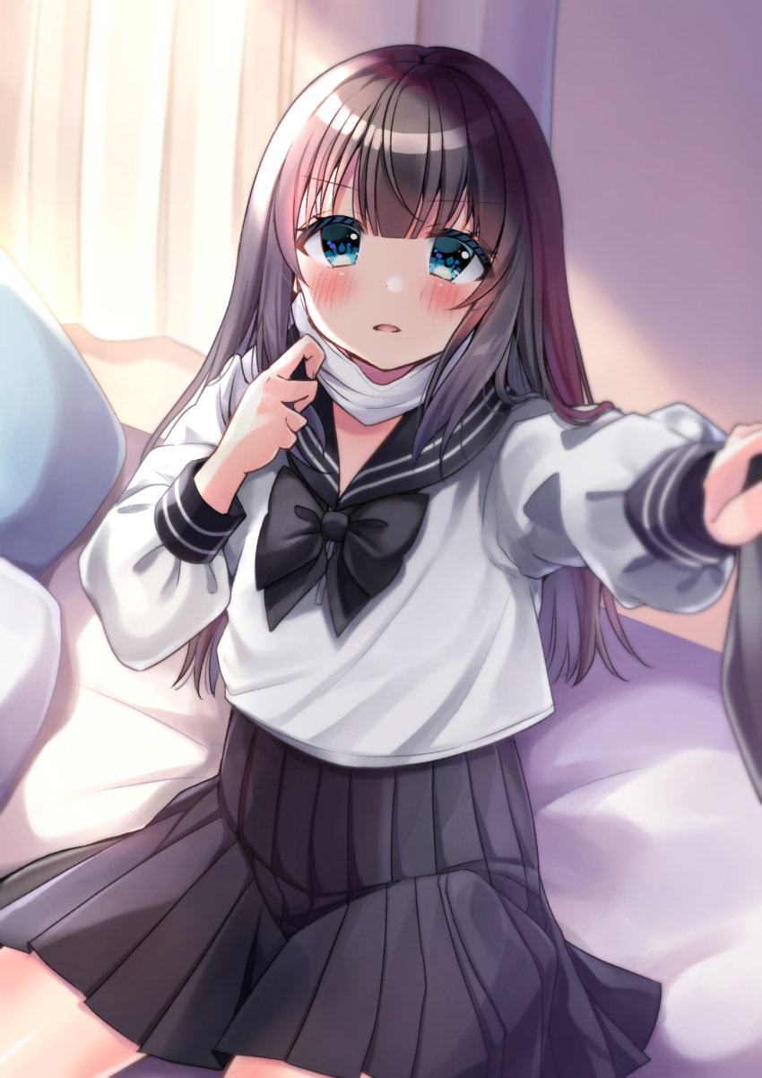 1girl bangs bed_sheet black_bow black_hair black_sailor_collar black_skirt blue_eyes blurry blurry_foreground blush bow commentary_request curtains depth_of_field eyebrows_visible_through_hair hair_between_eyes highres indoors long_hair long_sleeves looking_at_viewer mask mask_pull minami_saki mouth_mask original outstretched_arm parted_lips pleated_skirt puffy_long_sleeves puffy_sleeves sailor_collar school_uniform serafuku shirt sitting skirt solo surgical_mask v-shaped_eyebrows white_shirt