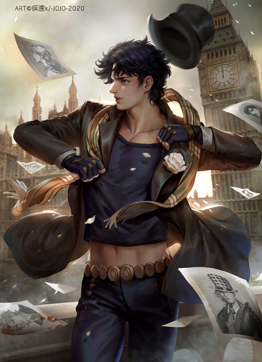 1boy abs alternate_costume blue_eyes blue_hair cdash817 clock clock_tower collarbone fabulous fingerless_gloves flower gloves hat highres jojo_no_kimyou_na_bouken jonathan_joestar london male_focus muscle navel phantom_blood pose scarf smile solo tight top_hat tower