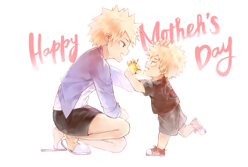 1boy 1girl :d all_might amicis_(amisic) bakugou_katsuki bakugou_mitsuki black_shirt black_skirt blonde_hair boku_no_hero_academia explosion hand_on_another's_head highres mother's_day mother_and_son open_mouth purple_shirt red_eyes red_footwear shirt shoes short_hair simple_background skirt slippers smile sneakers white_background white_footwear younger