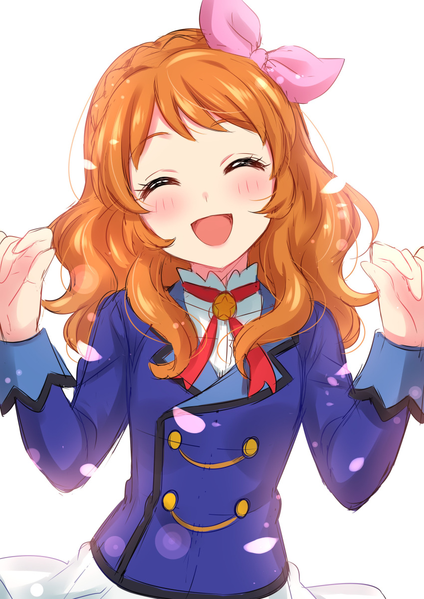 1girl :d absurdres aikatsu! aikatsu!_(series) blue_jacket bow braid brown_hair commentary_request eyebrows_visible_through_hair eyes_closed facing_viewer hair_bow hands_up highres jacket long_hair long_sleeves neck_ribbon oozora_akari open_mouth pink_bow red_neckwear red_ribbon ribbon sekina skirt smile solo upper_body white_skirt