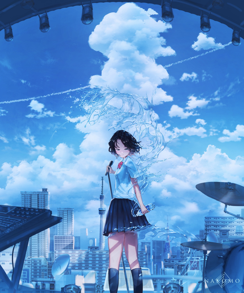 1girl absurdres amplifier artist_name black_hair blue_eyes blue_theme bottle bow bowtie breasts building city cloud cloudy_sky condensation_trail drum drum_set fisheye from_behind highres instrument kenzo_093 kneehighs looking_back microphone microphone_stand original outdoors pleated_skirt satellite_dish scenery school_uniform short_hair skirt sky small_breasts smirk solo soundboard stage tower water water_bottle