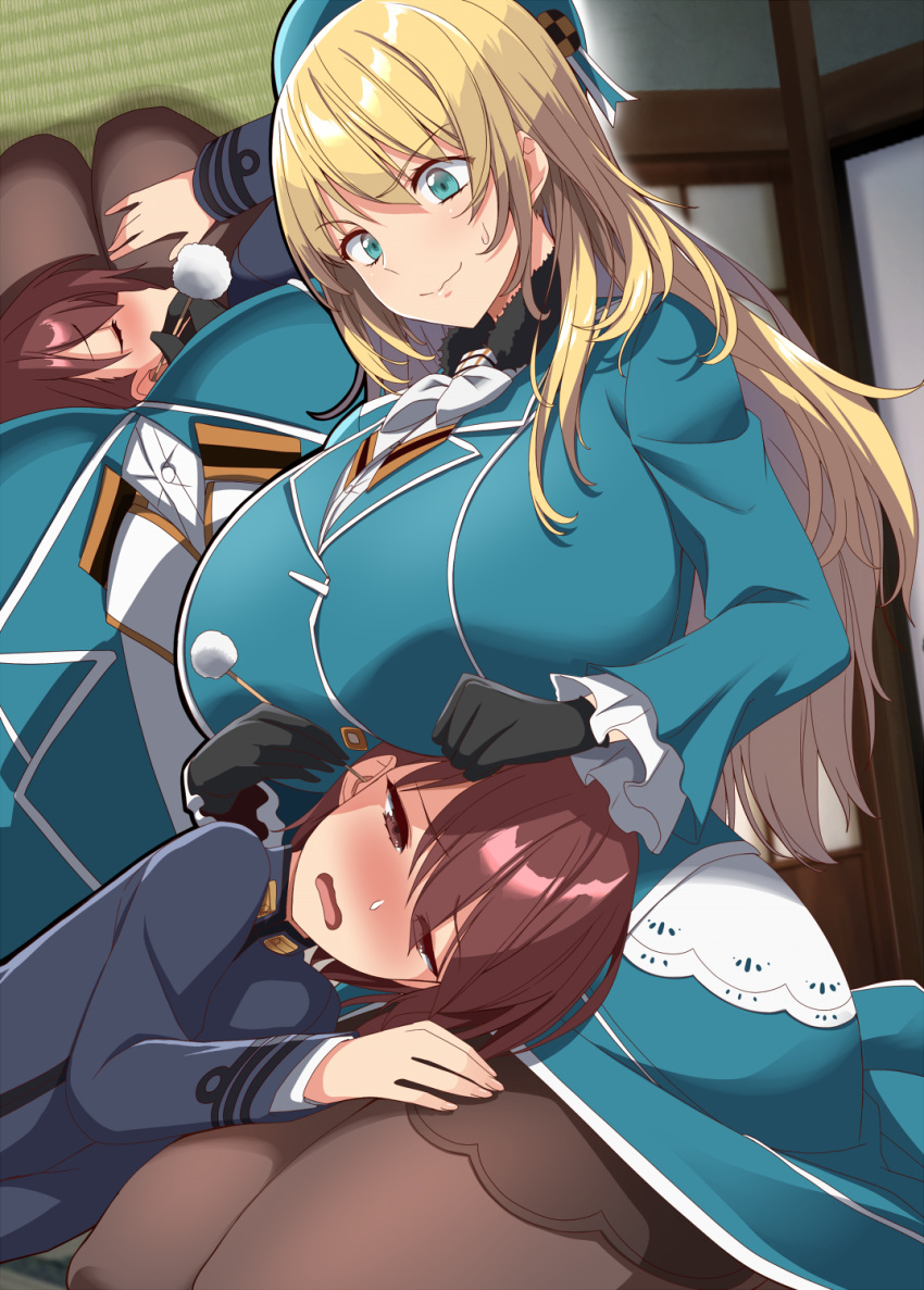 1boy 1girl atago_(kantai_collection) black_gloves blonde_hair blue_eyes breasts brown_eyes brown_hair ear_cleaning fur_collar gloves hat highres huge_breasts kantai_collection kloah lap_pillow little_boy_admiral_(kantai_collection) military military_uniform mimikaki naval_uniform pantyhose uniform