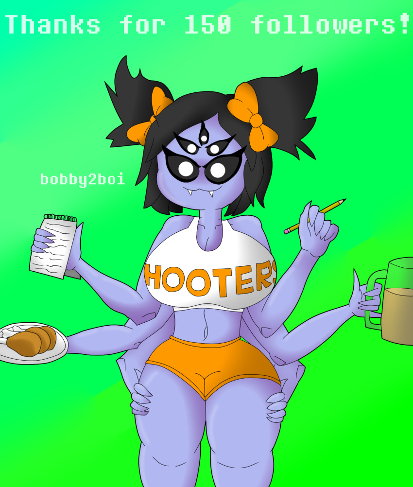 arachnid arthropod big_breasts bobby2boi breasts female hi_res hooters hooters_uniform muffet multi_limb non-mammal_breasts smile solo spider thick_thighs undertale video_games