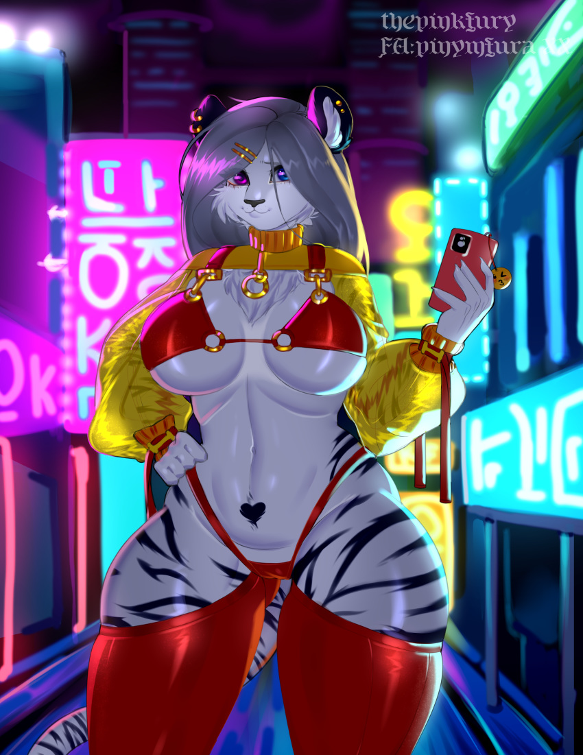 absurd_res anthro breasts bright_colors clothing commission_art costume digital_media_(artwork) fan_character felid female hair hi_res looking_at_viewer mammal pantherine sketchy smile solo thepinkfury tiger town ych_result