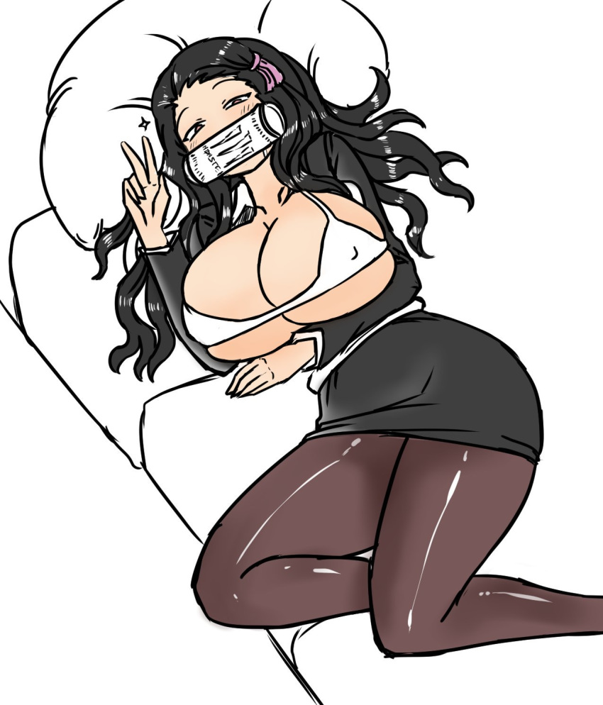 black_hair black_skirt bra couch hair_ribbon highres invader kamado_nezuko kimetsu_no_yaiba long_hair looking_at_viewer lying monster_energy office_lady older on_back on_couch open_clothes open_shirt pillow pink_eyes ribbon shirt skirt unbuttoned underwear v waking_up white_bra white_shirt