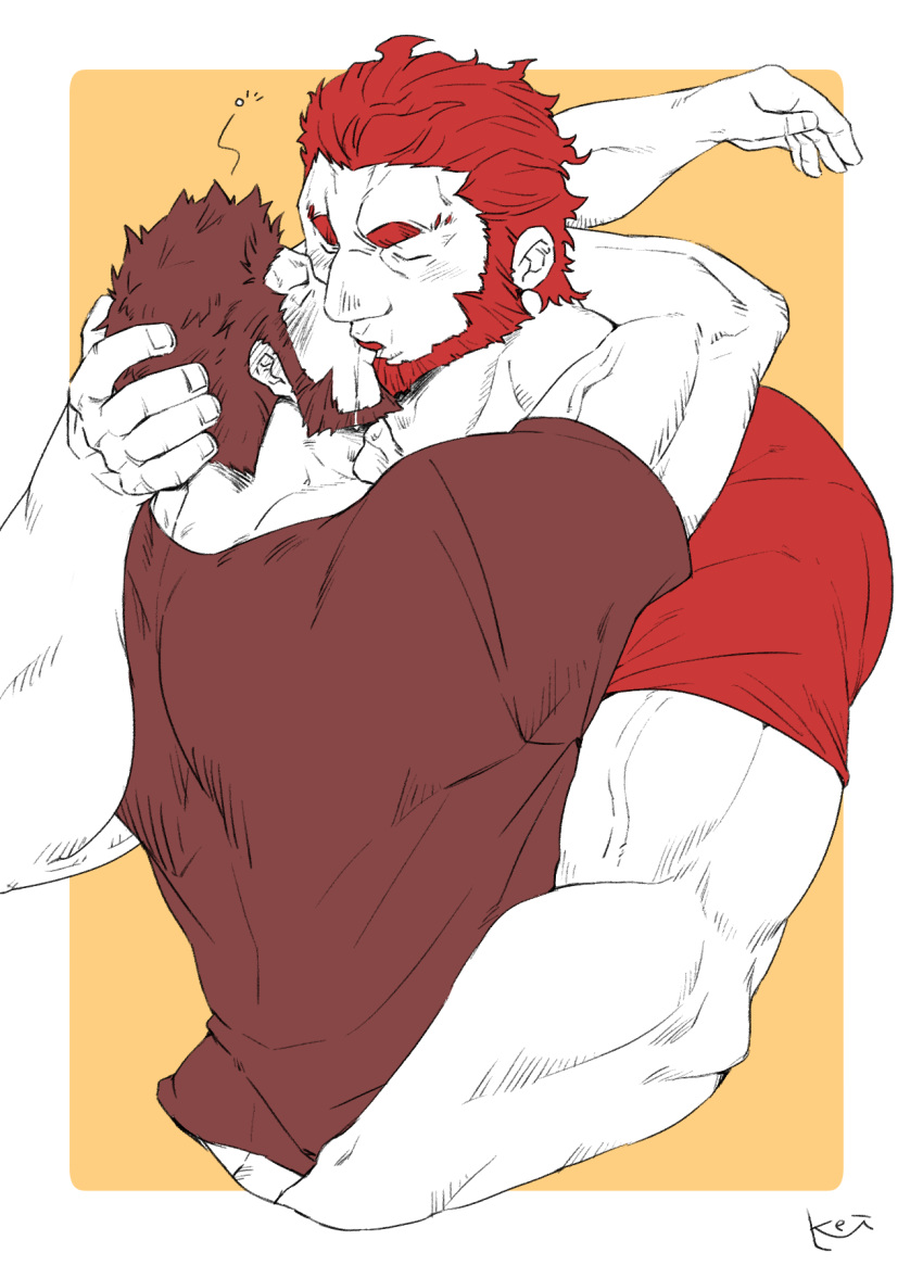 2boys arms_around_neck ass_grab bara beard blush brown_hair closed_eyes couple facial_hair fate/grand_order fate_(series) french_kiss hand_on_another's_head highres iskandar_(fate) k_ei3k kiss male_focus manly multiple_boys muscle napoleon_bonaparte_(fate/grand_order) partially_colored red_hair saliva saliva_trail shirt t-shirt upper_body veins yaoi