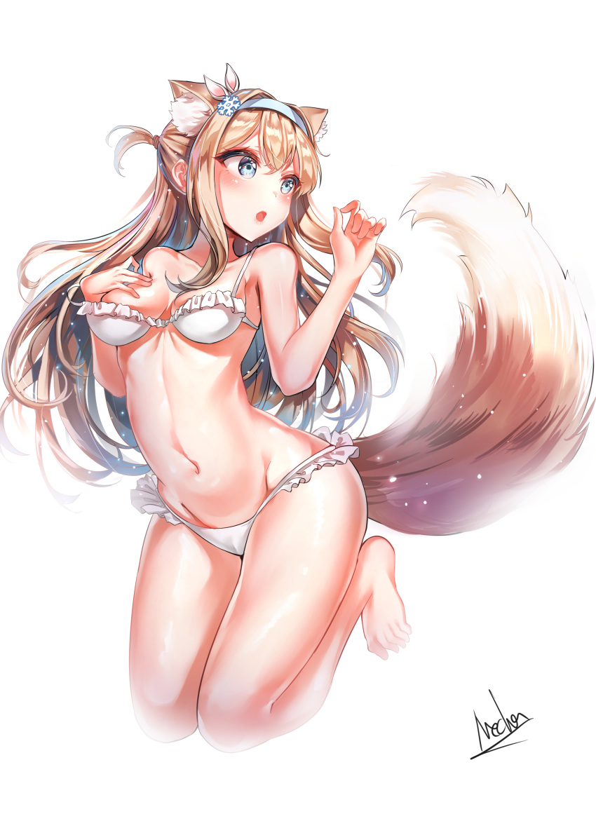 2019 absurd_res accessory animal_humanoid barefoot blush bra breasts brown_hair canid canid_humanoid canine canine_humanoid clothing female fox_humanoid girls_frontline hair hand_on_breast headband hi_res humanoid inner_ear_fluff mammal mammal_humanoid mecha_(alswp) open_mouth simple_background solo tuft underwear white_background