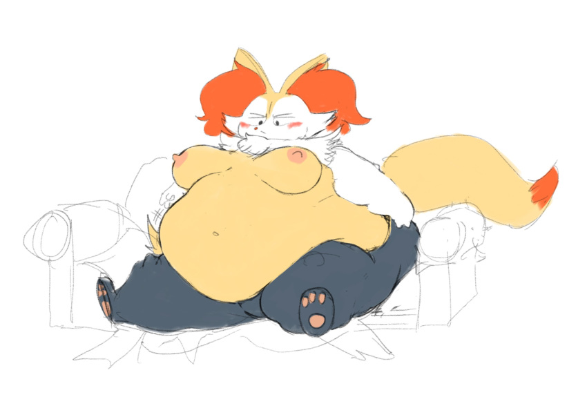 2020 belly big_belly big_breasts big_butt blush braixen breasts butt canid canine colored damage digital_media_(artwork) female fur hi_res huge_butt hyper hyper_belly ivelischpfuli mammal nintendo nipples nude obese obese_female overweight overweight_female pok&eacute;mon pok&eacute;mon_(species) scarlet_(oofrowdy) simple_background sitting sketch solo video_games