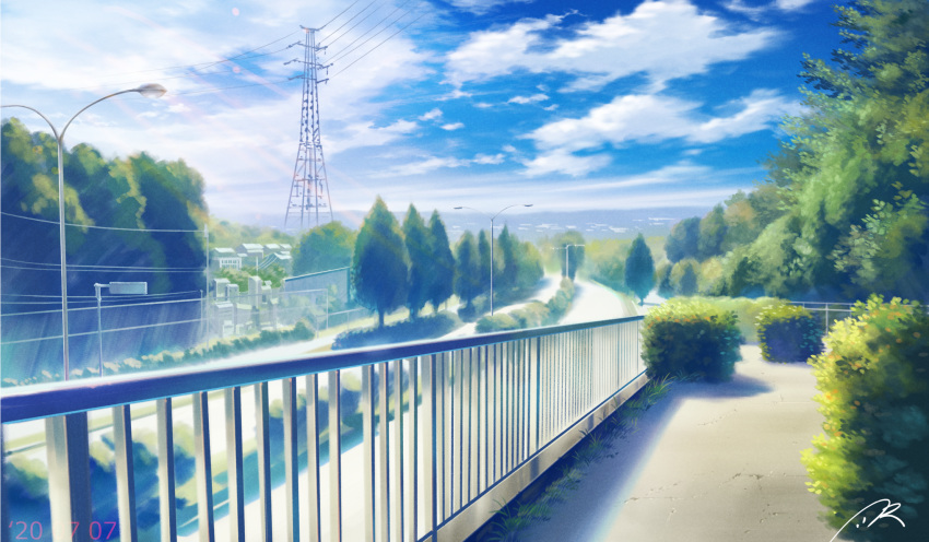 blue_sky building bush cloud dated day fence highres hill lamppost light_particles light_rays no_humans nzwt original pavement power_lines railing road road_sign scenery sign signature sky sunbeam sunlight tokyo_(city) transmission_tower tree