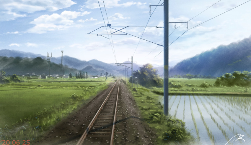 building bush cloud commentary_request dated day field grass highres house landscape mountain mountainous_horizon no_humans nzwt original outdoors overhead_line power_lines radio_tower railroad_tracks rice_paddy rural scenery signature sky tree vanishing_point water