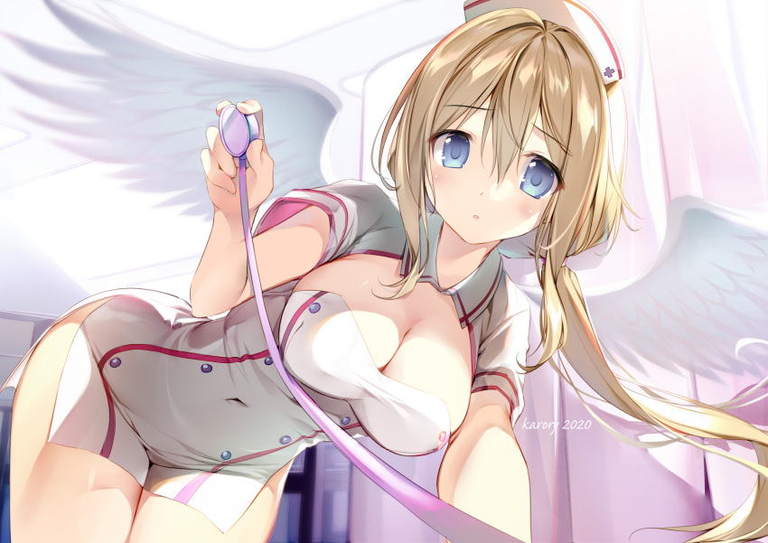 angel blonde_hair blue_eyes breasts cleavage karory nurse original watermark wings