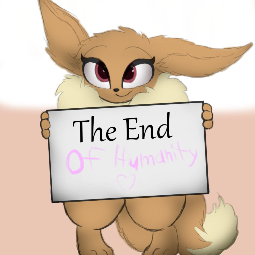 1:1 2019 allbadbadgers anthro apocalypse big_ears brown_body brown_fur eevee english_text female fur hi_res holding_object holding_sign neck_tuft nintendo nude pink_eyes pok&eacute;mon pok&eacute;mon_(species) semi-anthro simple_background solo standing text the_end thick_thighs tuft video_games