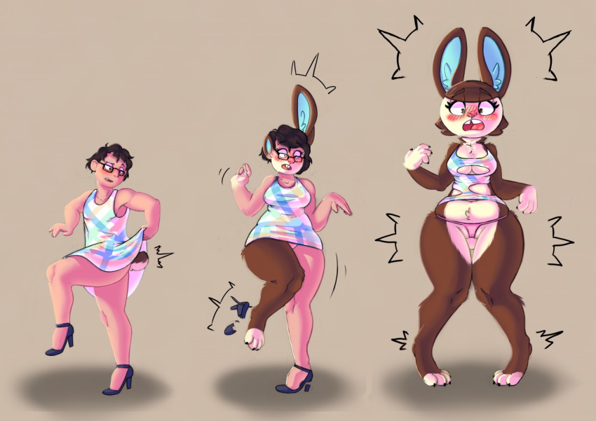 2020 animal_crossing anthro blush breast_growth breasts camel_toe carmen_(animal_crossing) clothed clothing crossdressing dascarl ear_expansion female footwear fur_growth gender_transformation high_heels human human_to_anthro lagomorph leporid mammal mtf_transformation nintendo pigeon_toed rabbit sequence shoes simple_background solo species_transformation standing surprise tail_growth tf_into_fictional_character transformation video_games