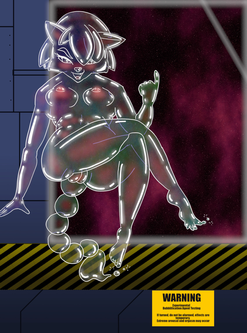 2020 absurd_res after_transformation anthro asymmetrical_ears blubglub blush breasts bubble butt canid canine caution_tape crossed_legs digital_media_(artwork) english_text experiment_(disambiguation) female finger_curl floating fox genitals hair hair_over_eye hi_res inside inviting krystal living_bubble looking_at_viewer mammal naughty_smile nintendo nipples nude one_eye_obstructed plump_labia pussy seductive_smile smile soap_bubbles solo space spacecraft spacescape star_fox text vehicle video_games warning_label wide_hips
