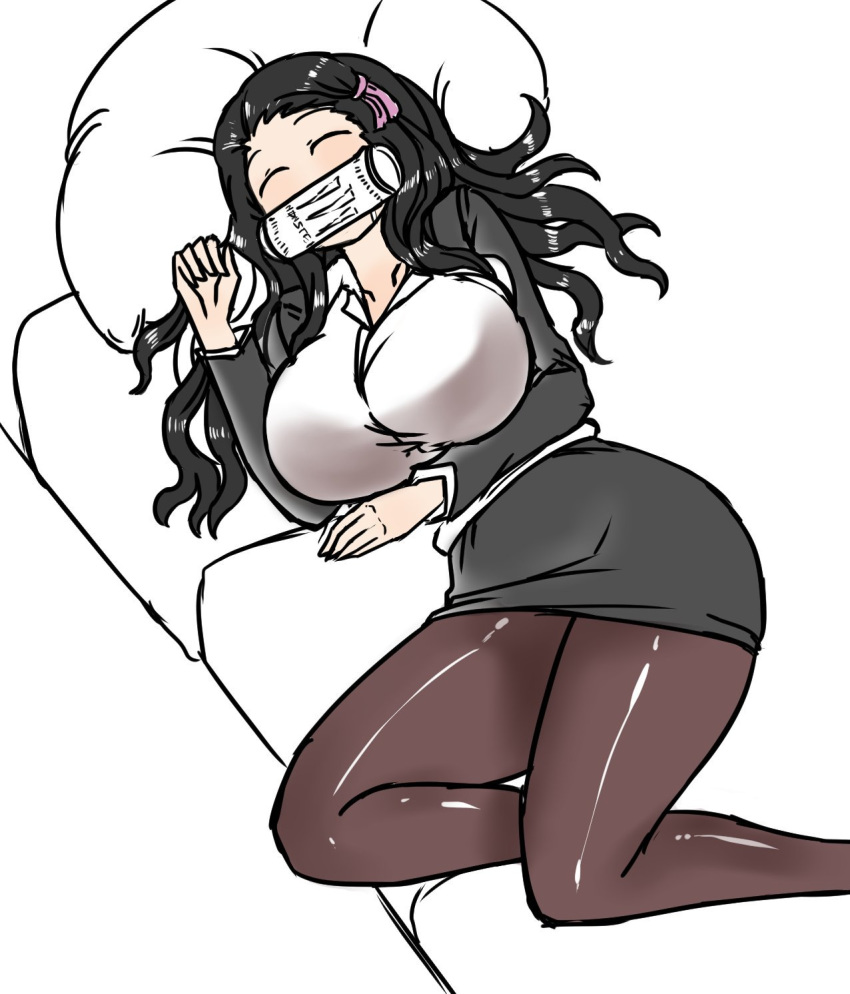 1girl black_hair breasts closed_eyes couch energy_drink hair_ribbon highres invader kamado_nezuko kimetsu_no_yaiba large_breasts long_hair lying monster_energy office_lady older on_back pantyhose pillow ribbon shirt sleeping solo white_background white_shirt