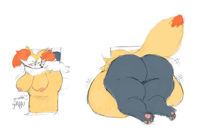 2020 belly big_belly big_breasts big_butt blush braixen breasts butt canid canine colored digital_media_(artwork) female fur hi_res huge_butt hyper hyper_belly inner_ear_fluff ivelischpfuli kneeling looking_back mammal morbidly_obese morbidly_obese_female nintendo nipples nude obese obese_female overweight overweight_female pok&eacute;mon pok&eacute;mon_(species) scarlet_(oofrowdy) simple_background sketch solo stuck stuck_in_door tuft video_games