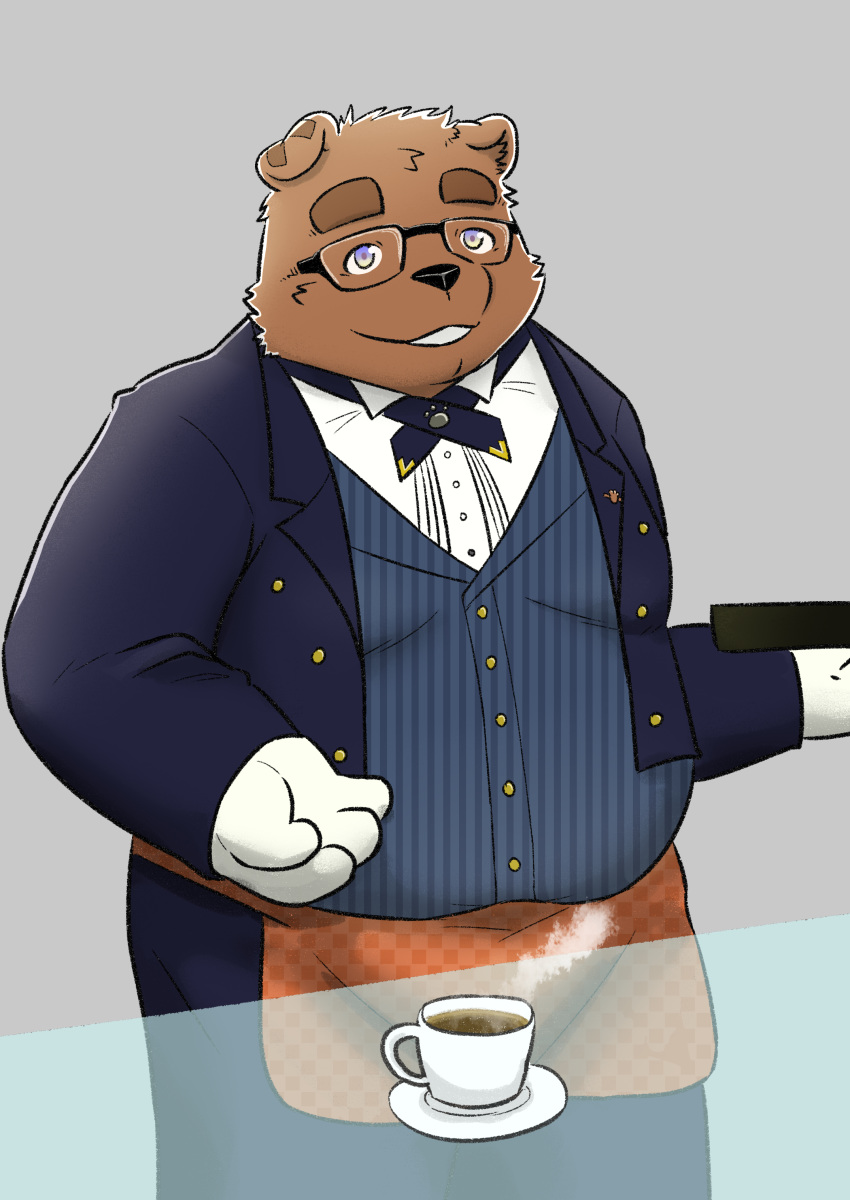 2020 absurd_res anthro apron beverage brown_body brown_fur clothing coffee eyewear fur glasses hi_res hokolee32 humanoid_hands kemono male mammal overweight overweight_anthro overweight_male shirt simple_background solo topwear ursid