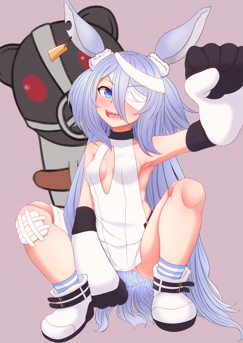 1girl absurdres animal_ears arm_up armpits ass bandage_over_one_eye bandaged_leg bandages blue_eyes blush boots breasts bunny_ears cameltoe clenched_hand commentary_request doll_joints ear_tag elbow_gloves gloves gussan_(sexpendables) highres huge_filesize joints little_witch_nobeta long_hair monica_(little_witch_nobeta) open_mouth pink_background sharp_teeth silver_hair simple_background small_breasts socks spread_legs squatting striped_footwear stuffed_animal stuffed_toy tabard teddy_bear teeth thighs two_side_up very_long_hair white_footwear white_gloves white_tabard