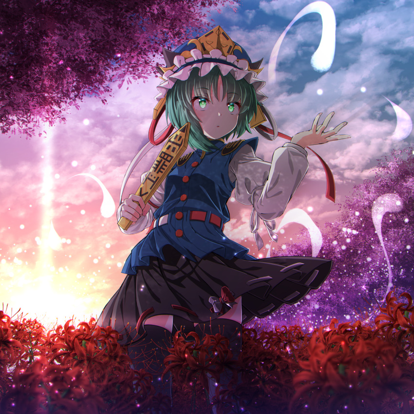 1girl :o absurdres arm_ribbon arm_up bangs belt black_legwear black_skirt blue_vest bright_pupils cloud diffraction_spikes epaulettes eyebrows_visible_through_hair feet_out_of_frame flower gradient_sky green_eyes green_hair hat hat_ribbon highres hitodama holding_rod huge_filesize juliet_sleeves kakutasu_(akihiron_cactus) leaning_back long_sleeves looking_to_the_side puffy_sleeves ribbon ribbon-trimmed_skirt ribbon_trim rod_of_remorse shiki_eiki shirt short_hair skirt sky solo spider_lily standing sunset thighhighs touhou twilight vest white_shirt wind wind_lift