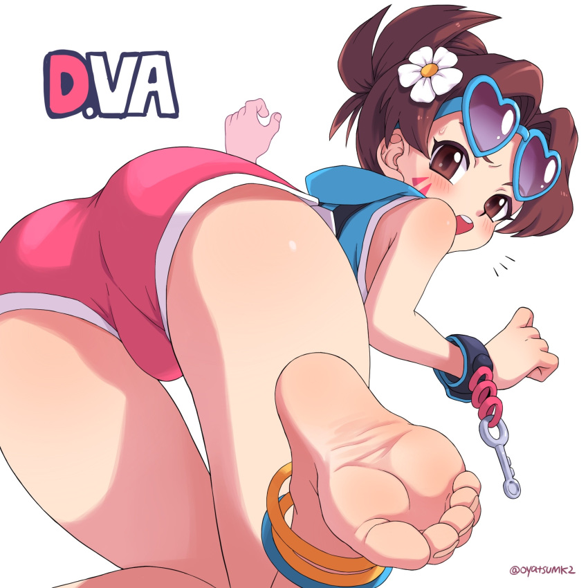 /\/\/\ 1girl ass barefoot brown_eyes brown_hair character_name d.va_(overwatch) facepaint feet flower hair_flower hair_ornament heart heart-shaped_pupils highres looking_at_viewer looking_back overwatch oyatsu_(mk2) short_shorts shorts soles solo symbol-shaped_pupils toes whisker_markings