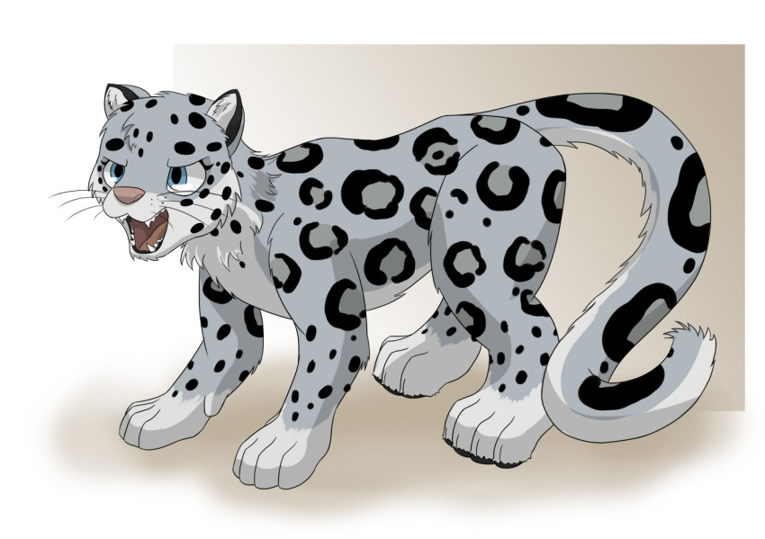 2012 after_transformation ambiguous_gender blue_eyes felid female_(lore) feral fur grey_body grey_fur mammal open_mouth oter pantherine simple_background smile snow_leopard solo spots whiskers