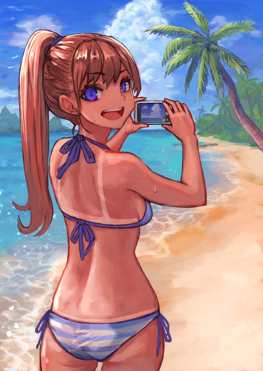 1girl :d absurdres bangs beach bikini blonde_hair blue_eyes cellphone cellphone_camera eyebrows_visible_through_hair highres holding holding_phone looking_at_viewer open_mouth original palm_tree phone ponytail sabamisob side-tie_bikini smile solo striped striped_bikini swimsuit tan tanline tree