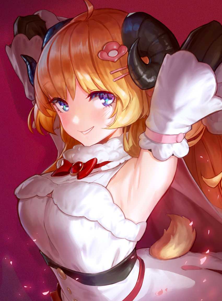 1girl ahoge animal_ears armpits arms_behind_head bangs blonde_hair blue_eyes breasts cape chyffon curled_horns detached_sleeves dress eyebrows_visible_through_hair eyelashes fur_trim hair_ornament hairclip highres hololive horns long_hair looking_at_viewer parted_lips petals sash sheep_girl sheep_horns sheep_tail smile solo tail tsunomaki_watame very_long_hair virtual_youtuber white_cape white_dress