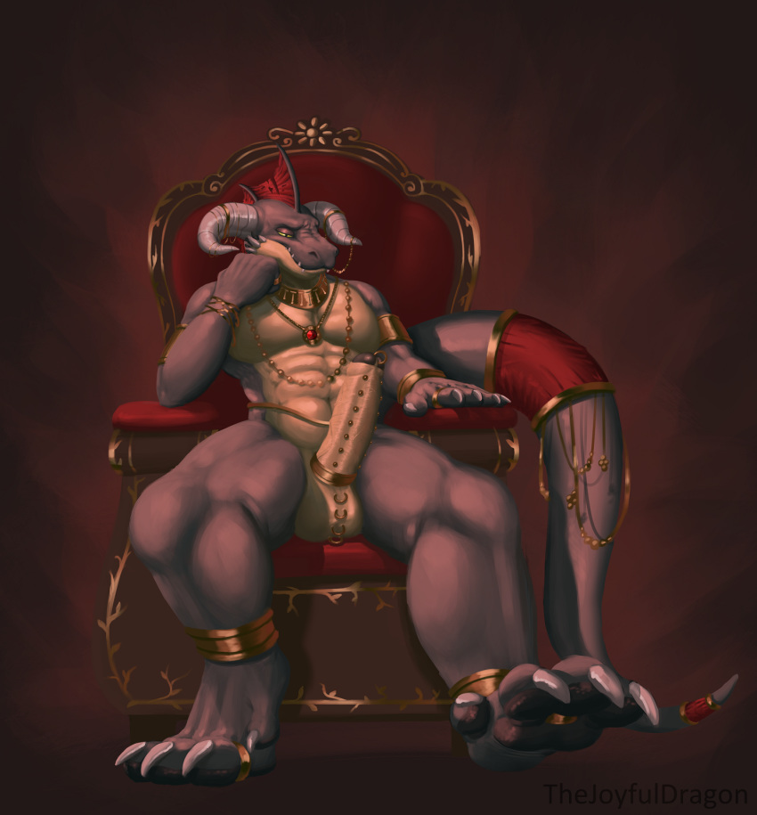 amulet anthro arhan balls chair clothing digit_ring dragon feet foreskin furniture gem genital_piercing genitals hi_res jewelry loincloth male necklace paws penis penis_piercing piercing prince_albert_piercing ring solo thejoyfuldragon throne toe_ring uncut