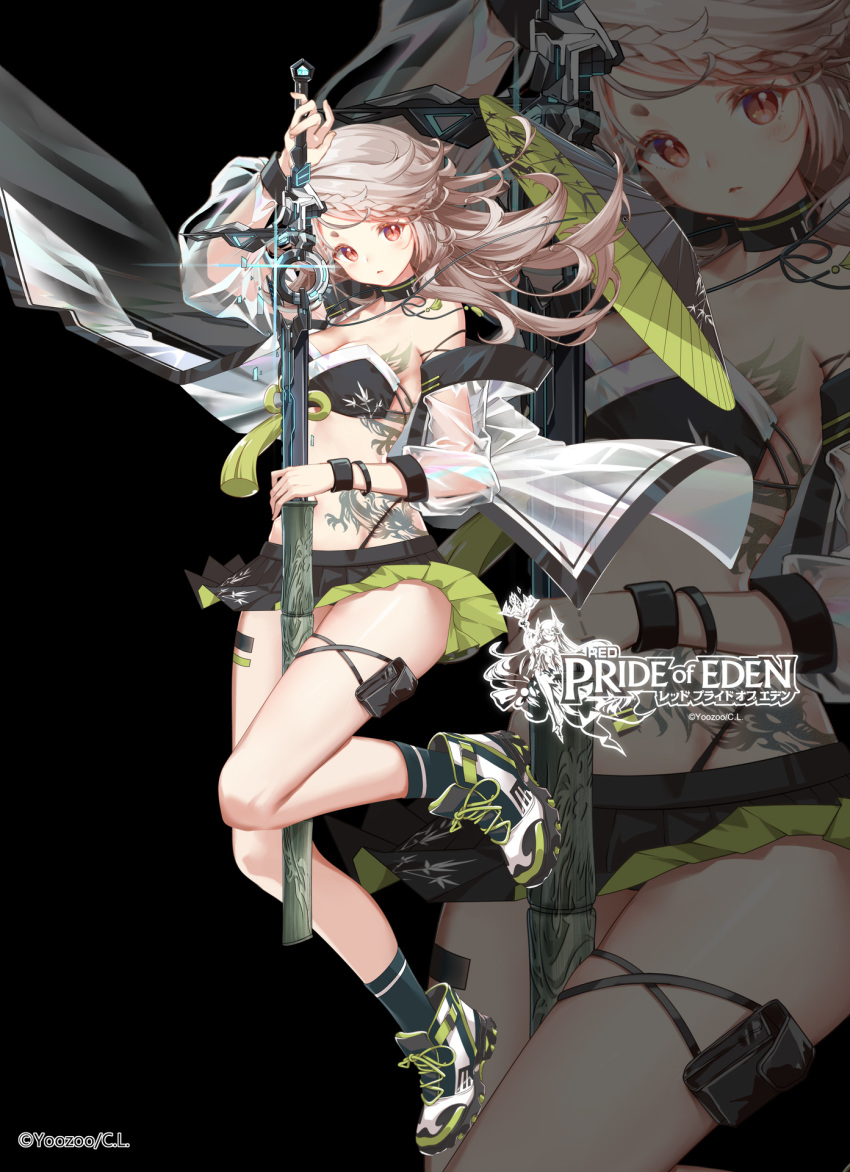 1girl arm_up bare_shoulders between_legs black_background black_choker black_legwear black_skirt braid breasts choker cleavage closed_mouth clouble crop_top full_body glint hat head_tilt highleg highres holding holding_sword holding_weapon jacket jingasa katana long_hair looking_at_viewer medium_breasts midriff miniskirt off-shoulder_jacket official_art open_clothes open_jacket pleated_skirt pouch pride_of_eden red_eyes rice_hat see-through sheath shoes shou_(pride_of_eden) silver_hair skirt slit_pupils sneakers socks solo stomach stomach_tattoo sword tattoo thighs unsheathing watermark weapon zoom_layer