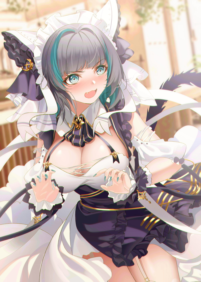 1girl absurdres animal_ears apron aqua_eyes aqua_hair azur_lane breasts cheshire_(azur_lane) cleavage detached_sleeves dhfz181 fake_animal_ears fang frilled_apron frilled_hairband frilled_headband frilled_ribbon frills garter_straps hairband highres large_breasts long_ribbon maid_dress maid_headdress multicolored_hair paw_pose puffy_detached_sleeves puffy_sleeves purple_apron purple_hair ribbon skin_fang solo streaked_hair tail two-tone_hair wrist_cuffs