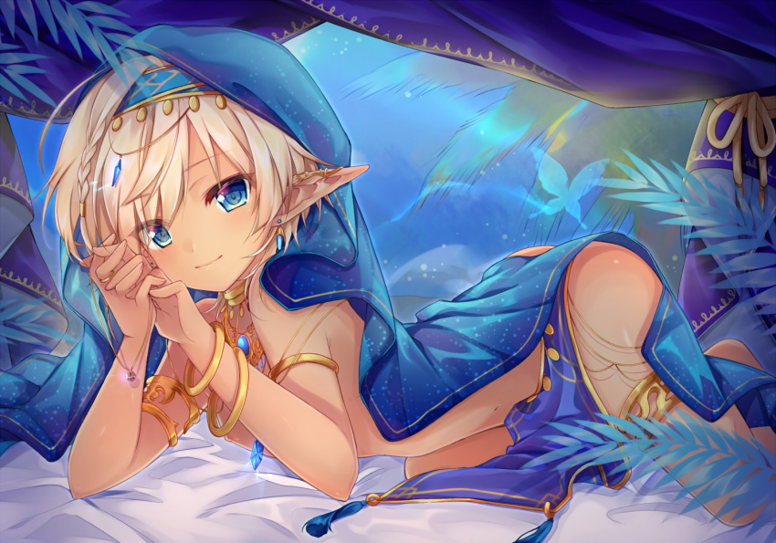 all_male blonde_hair blue_eyes braids dark_skin garter headdress leaves leeannpippisum male necklace nipples original pointed_ears short_hair wristwear