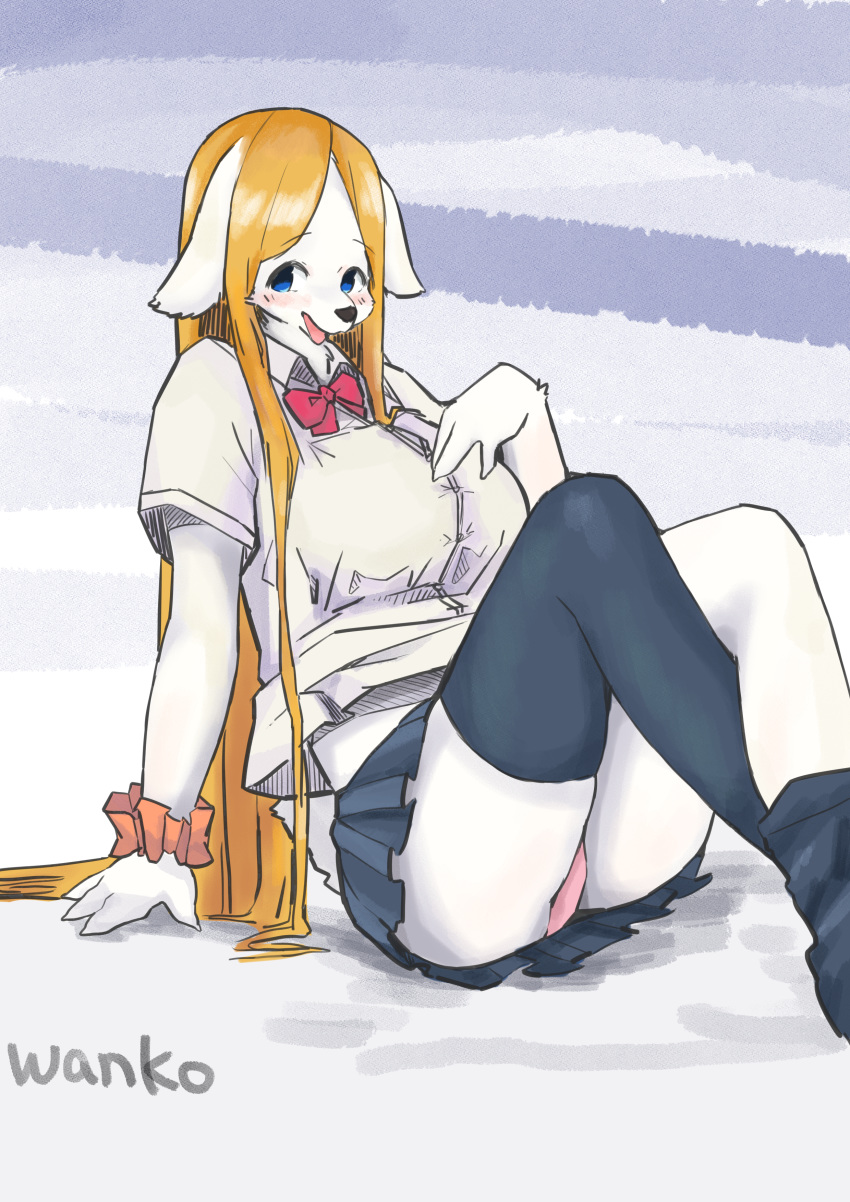 2019 absurd_res anthro black_nose blonde_hair blue_eyes blush bottomwear bow_tie breasts canid clothing female fur hair hi_res legwear long_hair mammal simple_background skirt smile solo stockings tongue tongue_out underwear wanko0487 white_body white_fur