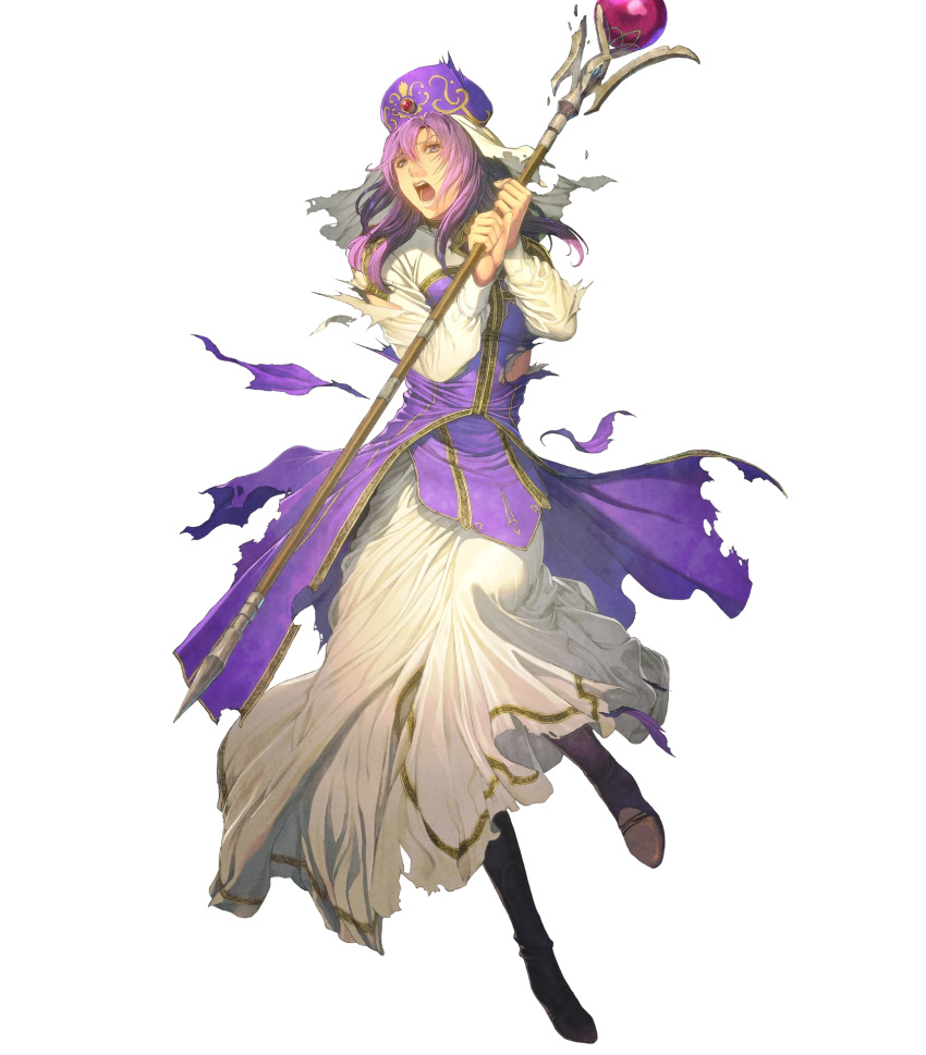 1girl boots dress eremiya fire_emblem fire_emblem:_mystery_of_the_emblem fire_emblem_heroes full_body hat highres holding homare_(fool's_art) long_sleeves official_art open_mouth purple_eyes purple_hair solo torn_clothes torn_dress transparent_background