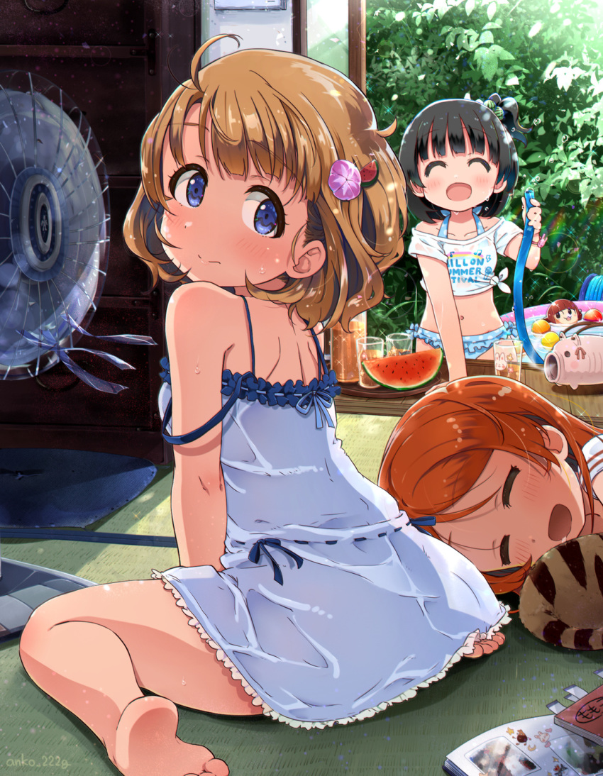 3girls artist_request bare_legs bare_shoulders barefoot bikini black_hair blue_eyes brown_eyes brown_hair commentary_request cup drawer dress drinking_glass drooling electric_fan flower food fruit hair_flower hair_ornament hair_ribbon highres hose idolmaster idolmaster_million_live! idolmaster_million_live!_theater_days indoors long_hair looking_at_viewer multiple_girls nakatani_iku on_floor oogami_tamaki orange_eyes orange_hair pillow plant ribbon short_dress short_hair shoulder_blades side_ponytail sitting sleeping sleeveless sleeveless_dress sliding_doors spaghetti_strap summer suou_momoko sweat swimsuit tatami thighs wariza watermelon white_dress