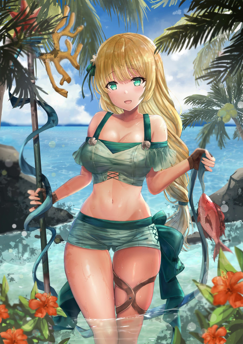 1girl blonde_hair blue_sky breasts brown_gloves cleavage cloud day fingerless_gloves fire_emblem fire_emblem:_three_houses fire_emblem_heroes fish flower gloves green_eyes hair_flower hair_ornament highres holding ingrid_brandl_galatea long_hair midriff open_mouth outdoors palm_tree polearm sky solo swimsuit tree wading water weapon yui_(msy1302mana)